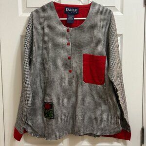 Esleep Black White Red Gingham Button Top Rose Patch XL